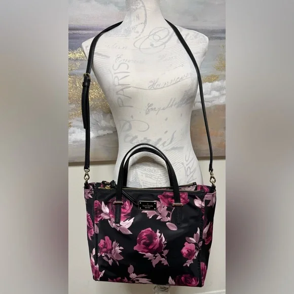 KATE SPADE Crossbody Nylon Tote, P436 Black Pink Roses - Picture 2 of 16